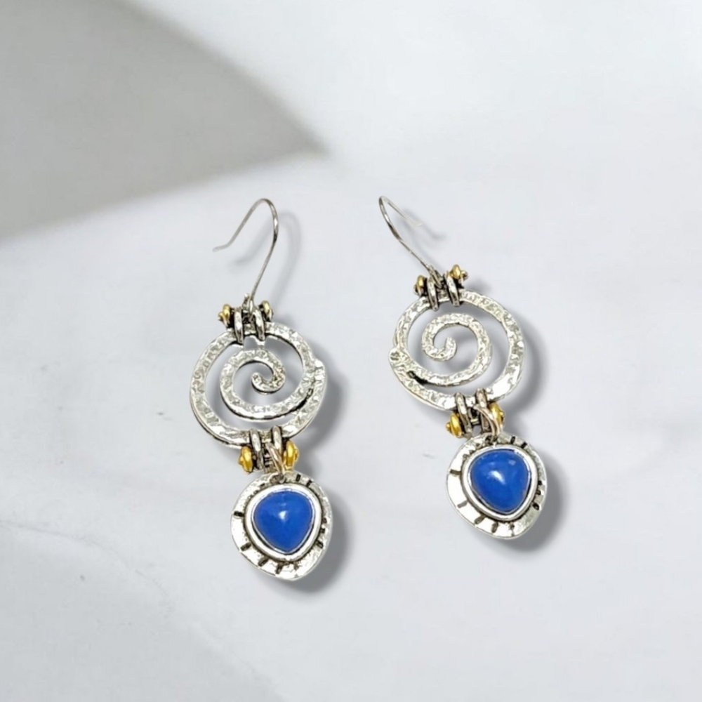 Blue Lapis Lazuli Drop Earrings Spiral Silver